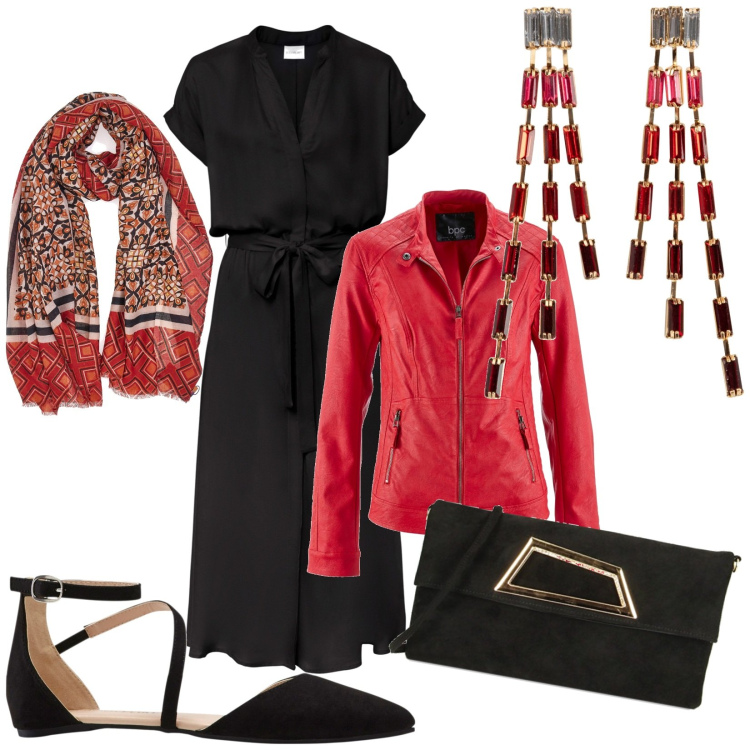 Outfit donna - Leggerezza. Stile Glamour per Serata fuori. Abbinamento con vestiti chemisier, orecchini, blazer, ballerine, pochette, sciarpe.