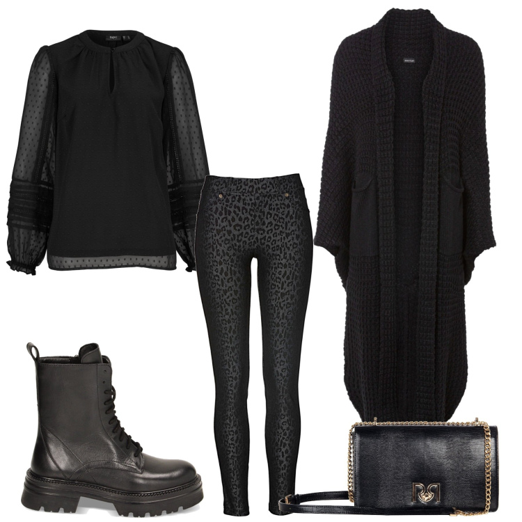 Outfit donna - Total Black. Stile Casual chic per Tutti i giorni. look ideale per Petite. Abbinamento con jeggings, cardigans, tuniche, borse a tracolla, anfibi.