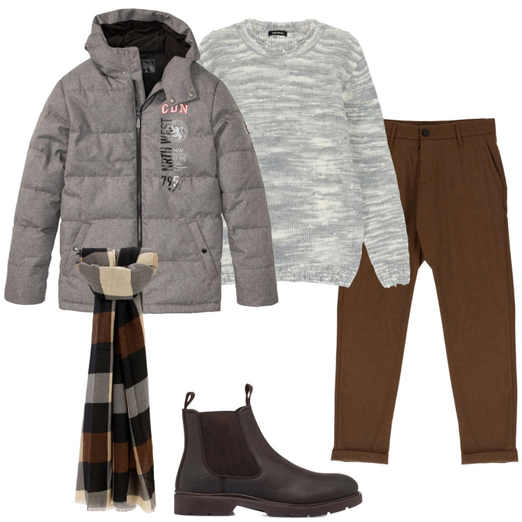 Outfit uomo - City life. Stile Trendy per Tutti i giorni. Abbinamento con giacche, pullovers, sciarpe e foulard, pantaloni, stivali e stivaletti.