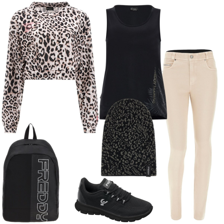 Outfit donna - Total look #1793047. Stile Sporty chic per Sport. Abbinamento con zaini, canottiere, sneakers, berretti, felpe sportive, jeans.