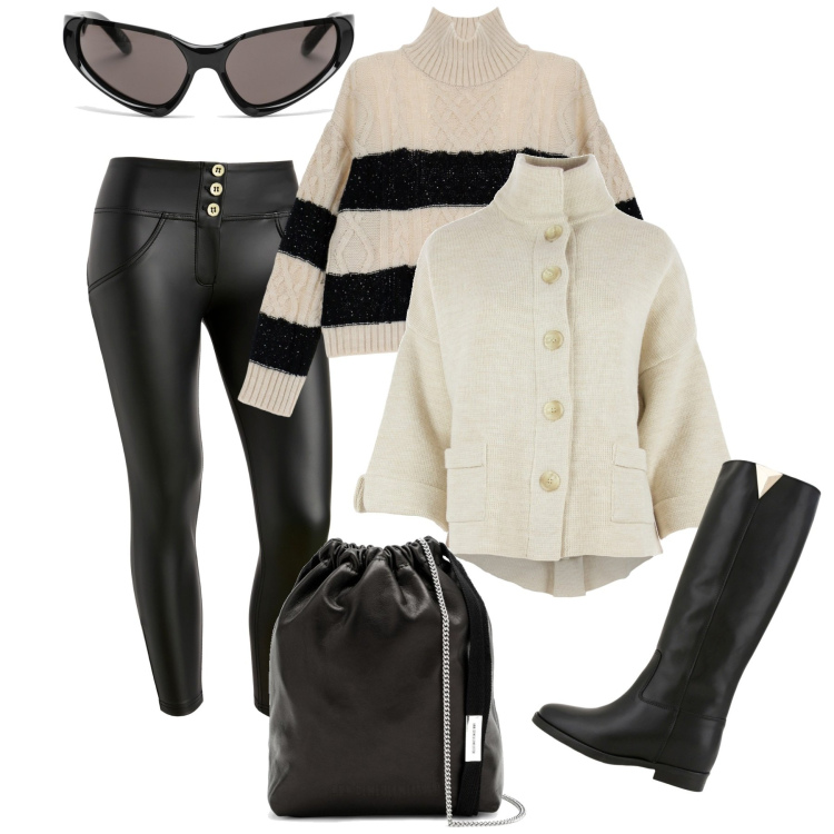 Outfit donna - Una sacca versatile. Stile Glamour per Tutti i giorni. Abbinamento con pantaloni skinny, maglieria, stivali, blazer, occhiali da sole, borse a secchiello.