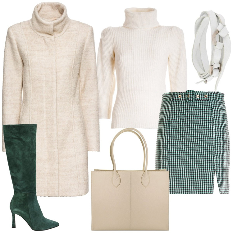 Outfit donna - Total look #1793073. Stile Casual chic per Ufficio. Abbinamento con cappotti, braccialetti, gonne, maglieria, stivali, borse a spalla.
