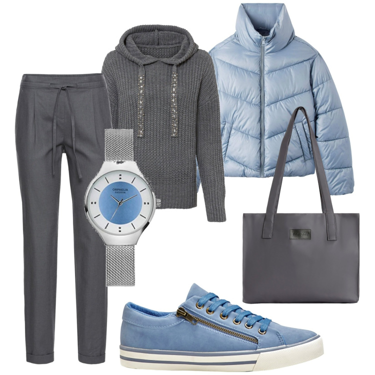 Outfit donna - Semplice e pulito. Stile Casual chic per Ufficio. Abbinamento con pantaloni, maglieria, sneakers, piumini, shopping bag, orologi analogici.