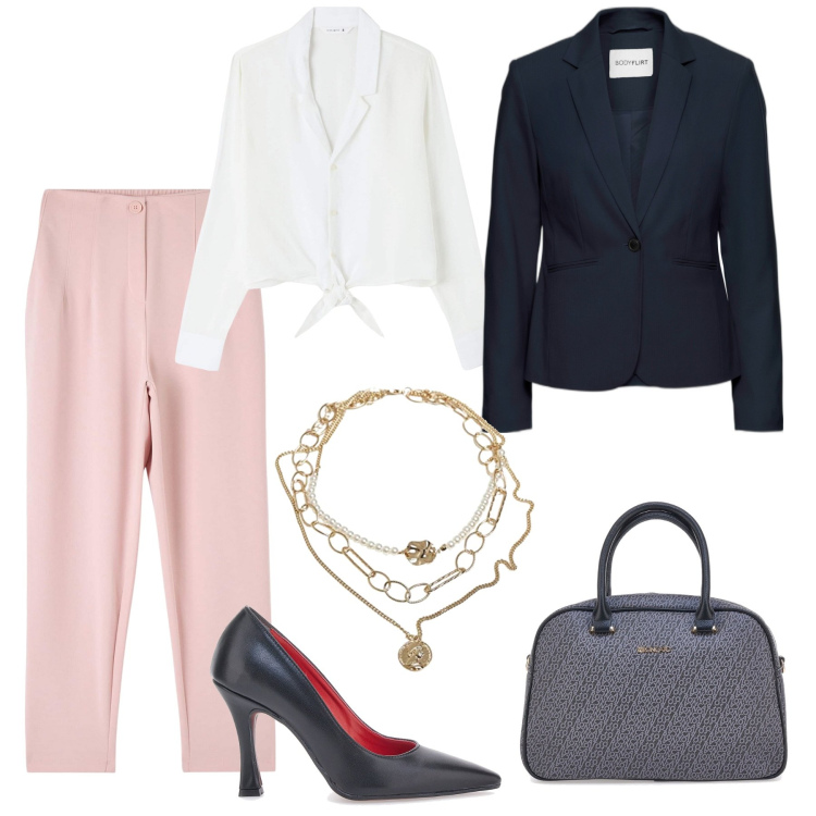 Outfit donna - primavera in ufficio. Stile Glamour per Ufficio. Abbinamento con blazer, pantaloni chino, camicie, décolleté, borse a mano, ciondoli.