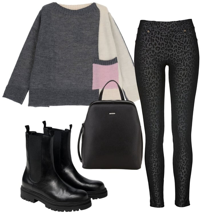 Outfit donna - Total look #1793134. Stile Trendy per Tutti i giorni. Abbinamento con jeggings, zaini, pullovers, stivaletti chelsea.