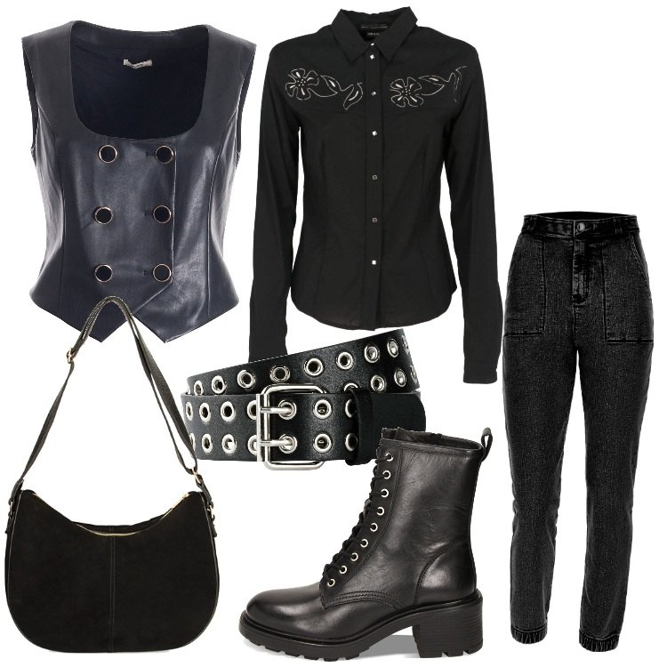 Outfit donna - Primadonna Speciale saldi invernali -50%. Stile Rock per Tutti i giorni. Abbinamento con cinture, camicie, gilet, jeans skinny, anfibi, borse a spalla.