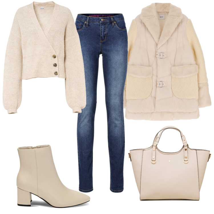 Outfit donna - Jeans con stivaletto panna. Stile Casual chic per Tutti i giorni. Abbinamento con jeans skinny, maglieria, stivaletti, blazer, borse a mano.