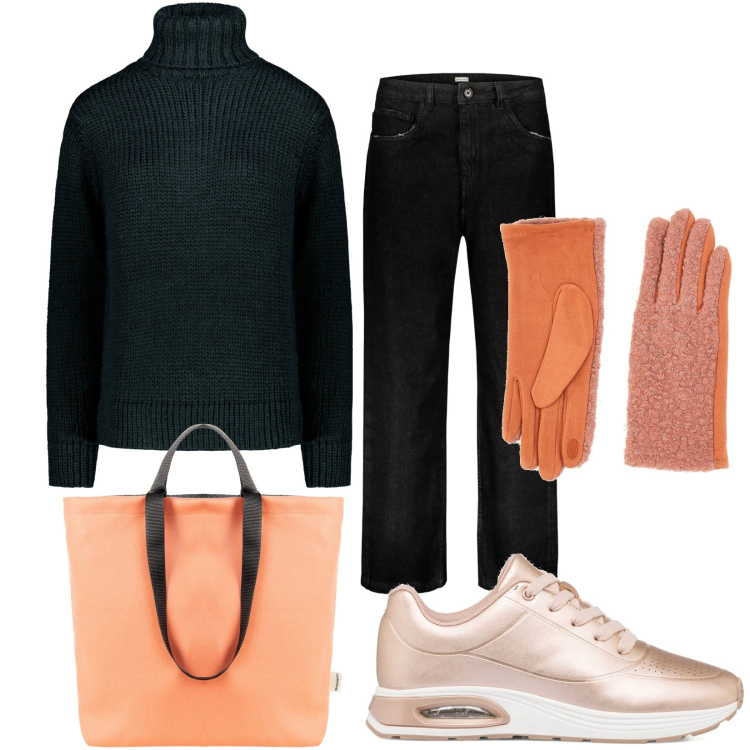 Outfit donna - Basic. Stile Basic per Tutti i giorni. Abbinamento con borse tote, sneakers alte, jeans, maglieria, guanti.