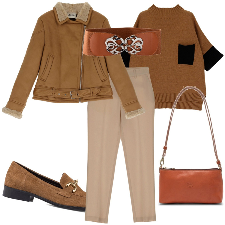 Outfit donna - In ufficio. Stile Casual per Ufficio. Abbinamento con cinture, pantaloni, cappotti, maglieria, mocassini, borse a spalla.