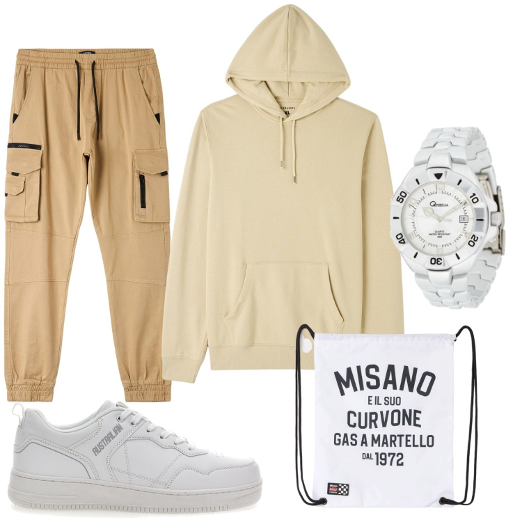Outfit uomo - In giro. Stile Urban per Tutti i giorni. Abbinamento con borse sportive, pantaloni cargo, felpe con cappuccio, orologi, sneakers.