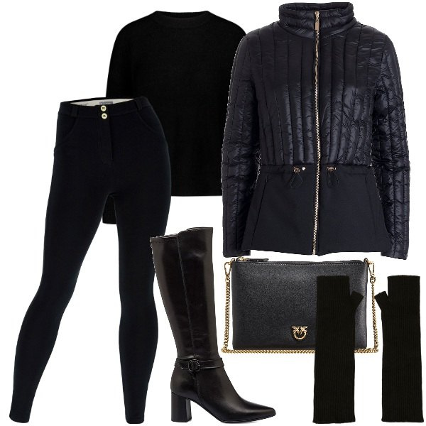 Outfit donna - Divisa del cuore glamour. Stile Casual chic per Tutti i giorni. Abbinamento con borse a tracolla, guanti, piumini, pantaloni skinny, stivali sopra il ginocchio, maglieria.