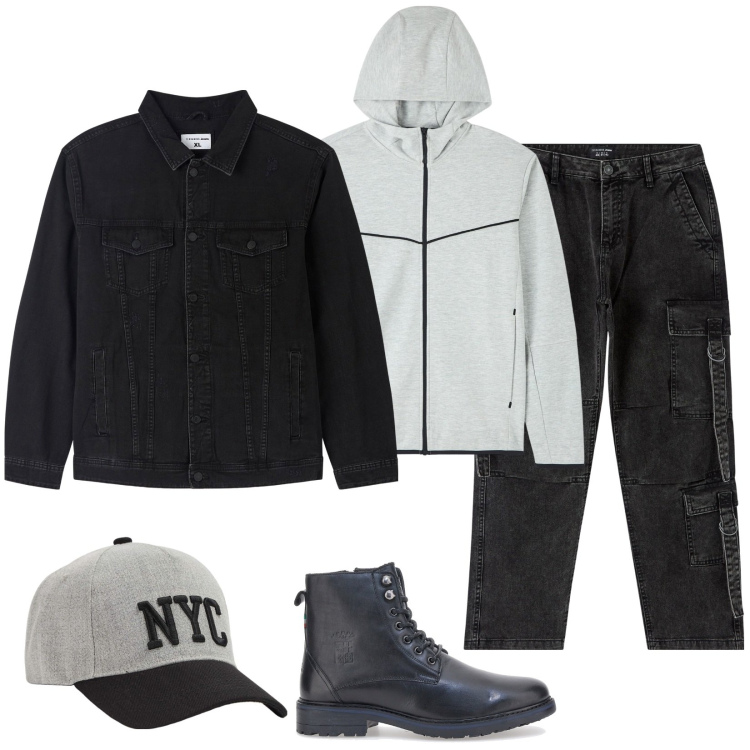 Outfit uomo - Total look #1793244. Stile Urban per Tutti i giorni. Abbinamento con felpe con cappuccio, cappelli, giacche, jeans, stivali e stivaletti.