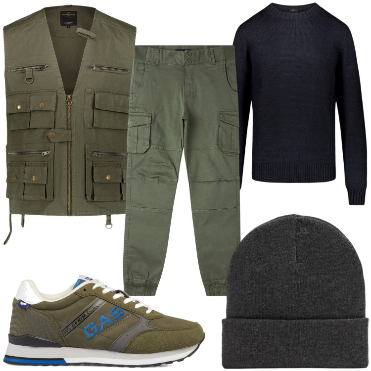 Outfit uomo - Total look #1793261. Stile Trendy per Tutti i giorni. Abbinamento con sneakers, gilet, maglieria, pantaloni cargo, berretti.