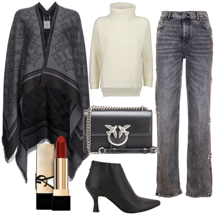 Outfit donna - La Mantella Jacquard. Stile Casual per Tutti i giorni. Abbinamento con rossetti, cappotti, borse a tracolla, jeans dritti, stivaletti, maglieria.