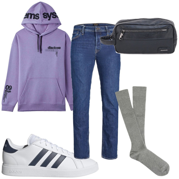 Outfit uomo - Total look #1793278. Stile Trendy per Tutti i giorni. Abbinamento con felpe con cappuccio, jeans, calzini, sneakers, borse sportive.