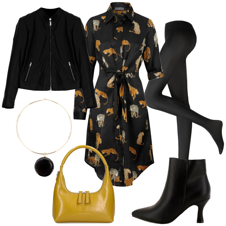Outfit donna - Abito in satin per la mezza stagione. Stile Glamour per Tutti i giorni. Abbinamento con vestiti chemisier, collant, cappotti, stivaletti, ciondoli, borse a mano.