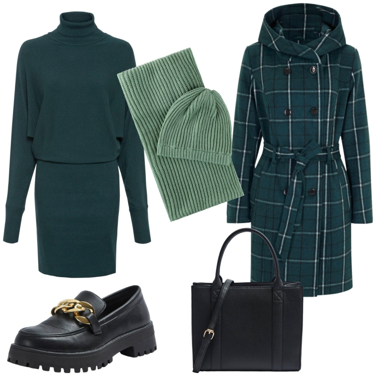 Outfit donna - Comoda per l\'ufficio. Stile Casual per Ufficio. Abbinamento con vestiti, cappotti, foulard, mocassini, shopping bag.