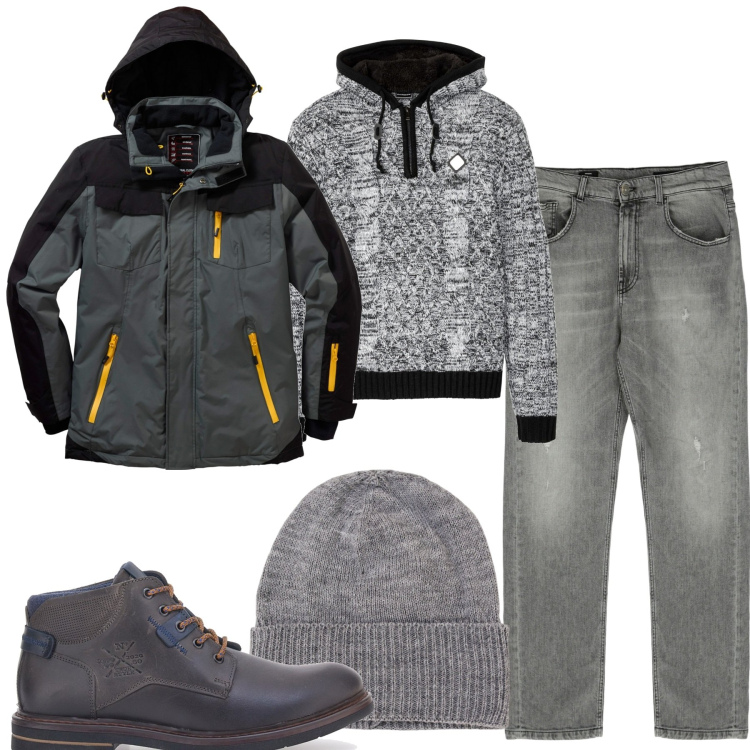 Outfit uomo - Rain. Stile Casual per Tutti i giorni. Abbinamento con giacche, maglieria, jeans dritti, berretti, stivali e stivaletti.
