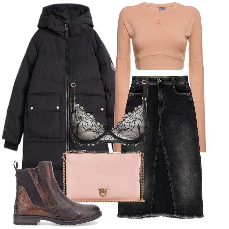 Outfit donna - Inverno. Stile Urban per Tutti i giorni. Abbinamento con piumini, borse a tracolla, gonne longuette, reggiseni, stivaletti chelsea, top.