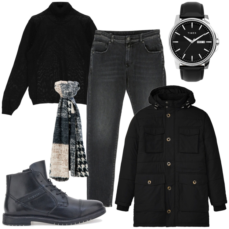 Outfit uomo - Total black. Stile Casual per Tutti i giorni. Abbinamento con parka, jeans, sciarpe, maglieria, stivali e stivaletti, orologi analogici.