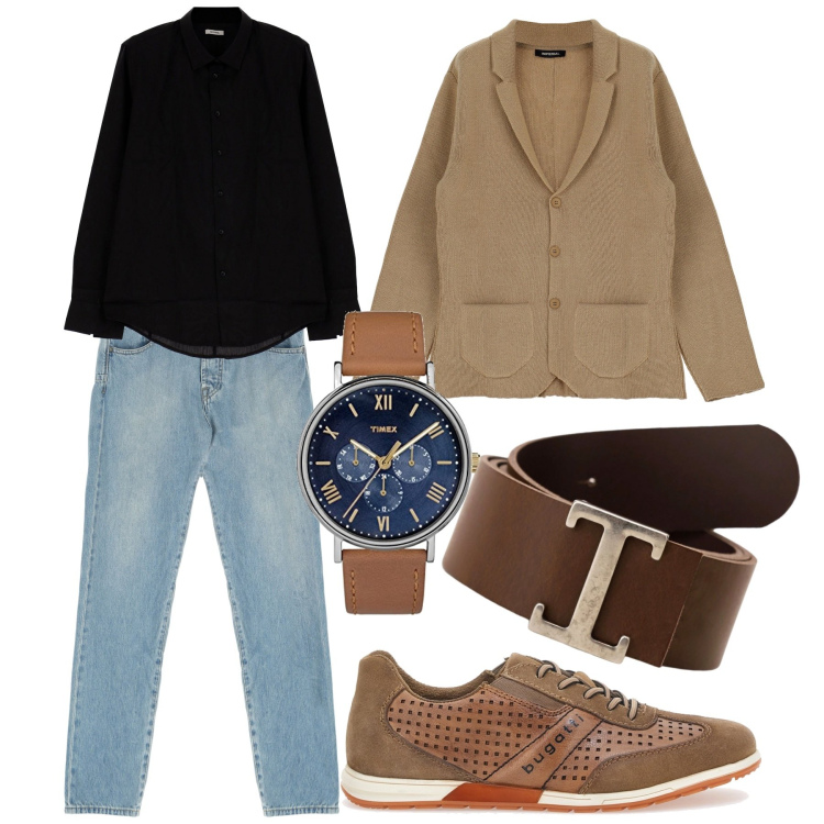 Outfit uomo - City. Stile Casual per Tutti i giorni. Abbinamento con camicie, cinture, jeans dritti, cappotti, orologi, scarpe sportive.
