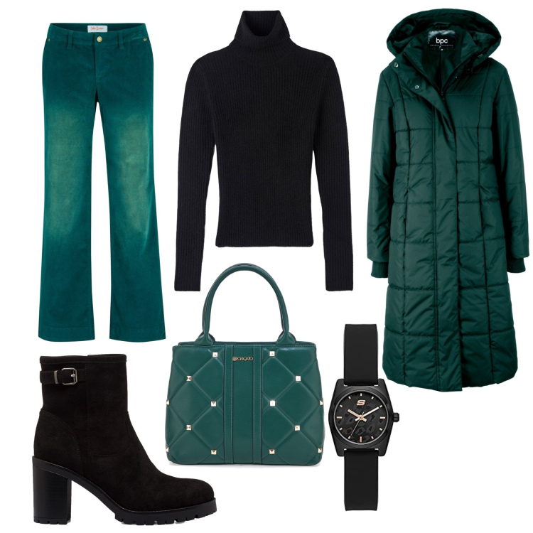 Outfit donna - Verde e nero. Stile Casual chic per Tutti i giorni. Abbinamento con blazer, pantaloni, maglieria, stivaletti, borse a mano, orologi.