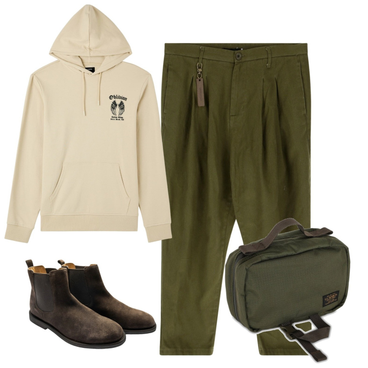 Outfit uomo - Total look #1793366. Stile Casual per Tutti i giorni. Abbinamento con felpe con cappuccio, pantaloni cargo, stivali e stivaletti, borse sportive.