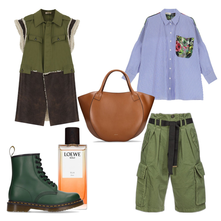 Outfit donna - picnic on the grass. Stile Military per Tutti i giorni. Abbinamento con profumi, pantaloni, camicie, gilet, stivali, shopping bag.