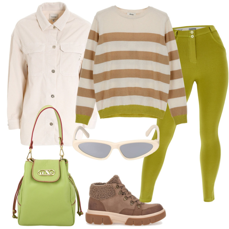 Outfit donna - Grinta e colore. Stile Casual per Tutti i giorni. Abbinamento con blazer, pantaloni skinny, borse a secchiello, pullovers, stivaletti, occhiali da sole.