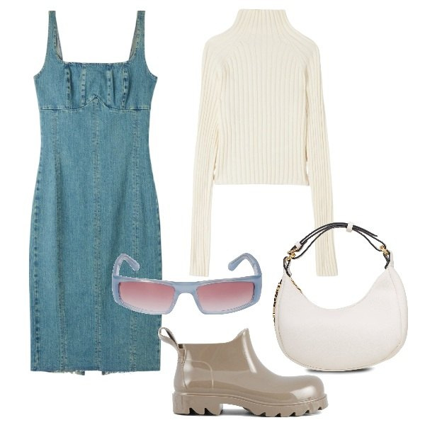 Outfit donna - Vestiti jeans e pullover. Stile Casual chic per Tutti i giorni. Abbinamento con vestiti lunghi, maglieria, borse a mano, stivali, occhiali da sole.