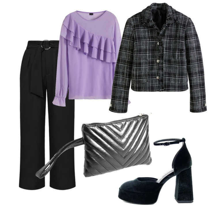 Outfit femme - Janvier une soirée. Style Casual chic pour Soirée dehors. Assortir avec blazers, strings, pantalon , cuissardes, pochette.