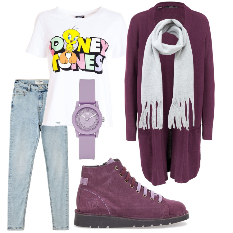 Outfit donna - Titty. Stile Urban per Tutti i giorni. Abbinamento con cardigans, jeans skinny, sciarpe, t-shirt, scarpe stringate, orologi.