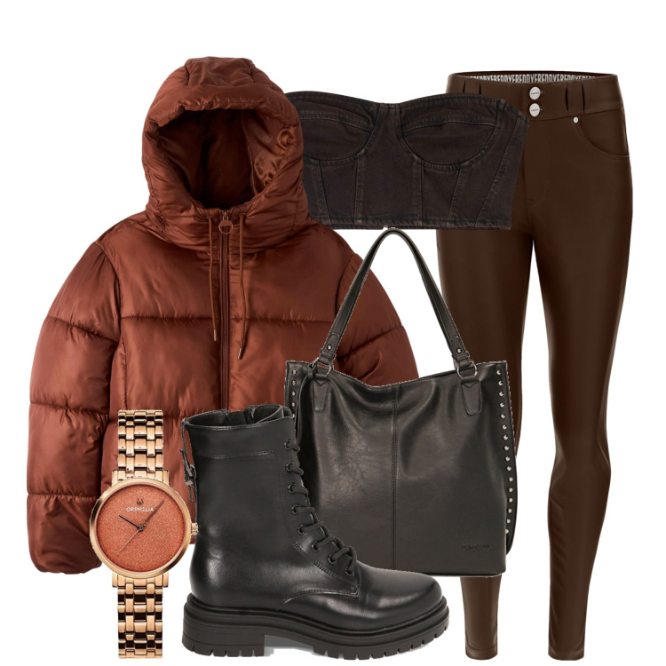 Outfit donna - Athleisure look. Stile Sporty chic per Tutti i giorni. Abbinamento con top, piumini, pantaloni, borse a spalla, anfibi, orologi analogici.