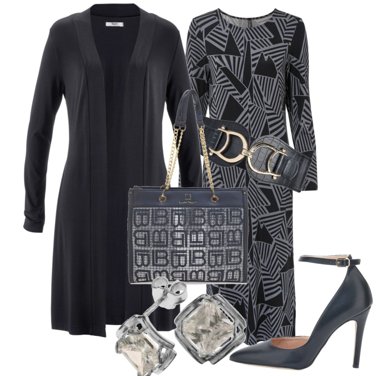 Outfit donna - City. Stile Bon Ton per Tutti i giorni. Abbinamento con cardigans, cinture, vestiti midi/longuette, borse a spalla, décolleté, orecchini.