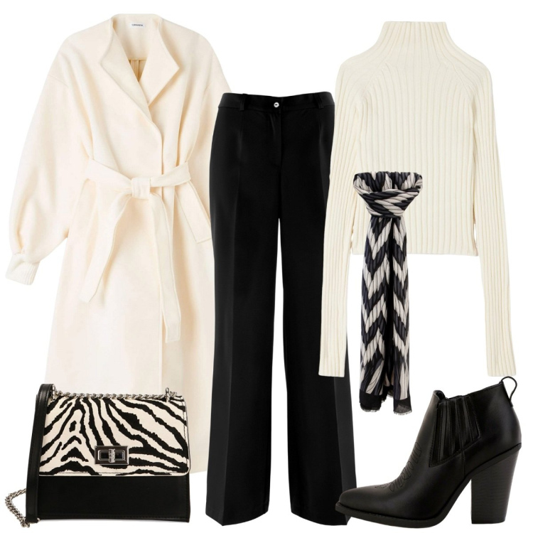 Outfit donna - Rigore black & white. Stile Minimal per Tutti i giorni. Abbinamento con pantaloni, cappotti, maglieria, foulard, stivaletti, borse a tracolla.