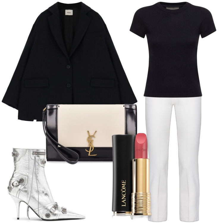 Outfit donna - let\'s dance!. Stile Casual chic per Serata fuori. Abbinamento con rossetti, pantaloni, giacche, pochette, stivaletti, t-shirt.