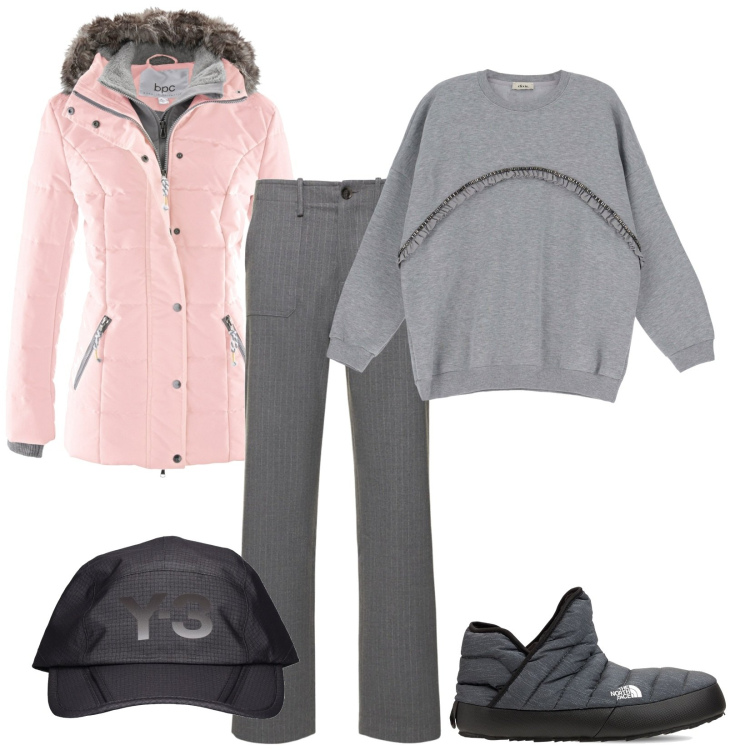 Outfit donna - Quattro passi sotto zero. Stile Casual per Tutti i giorni. Abbinamento con piumini, felpe, pantaloni cargo, stivali sopra il ginocchio, cappelli.