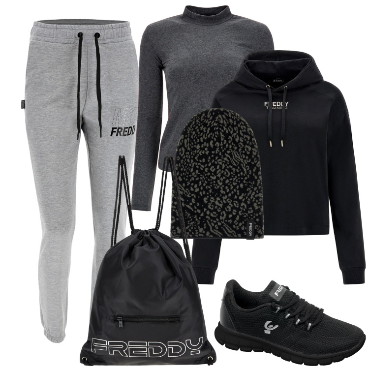 Outfit donna - Total Freddy. Stile Sporty chic per Sport. Abbinamento con zaini, maglieria, berretti, pantaloni, felpe con cappuccio, sneakers.