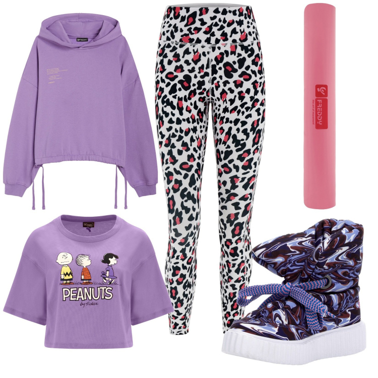 Outfit donna - Total look #1793588. Stile Basic per Tutti i giorni. Abbinamento con stivali, leggings sportivo, felpe con cappuccio, borse a spalla, t-shirt.