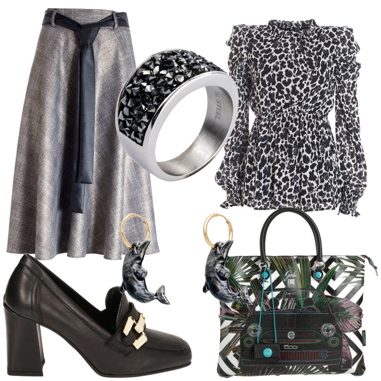 Outfit donna - Total look #1793598. Stile Bon Ton per Ufficio. Abbinamento con anelli, borse a mano, orecchini, gonne longuette, bluse, mocassini.