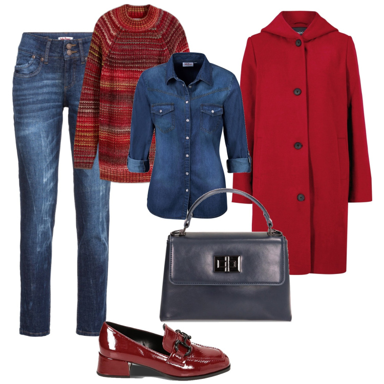 Outfit donna - Mocassini rossi e jeans. Stile Trendy per Tutti i giorni. Abbinamento con camicie, cappotti, maglieria, jeans mom, mocassini, borse a mano.