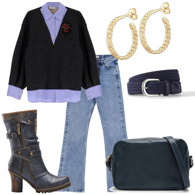 Outfit donna - Jeans con la maglia. Stile Casual chic per Tutti i giorni. Abbinamento con cinture, stivali, jeans dritti, vestiti, orecchini, borse a tracolla.