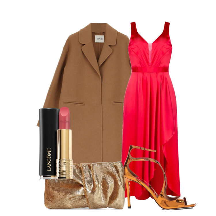 Outfit donna - red party. Stile Chic per Cerimonia. Abbinamento con rossetti, vestiti asimmetrici, cappotti, sandali, pochette.