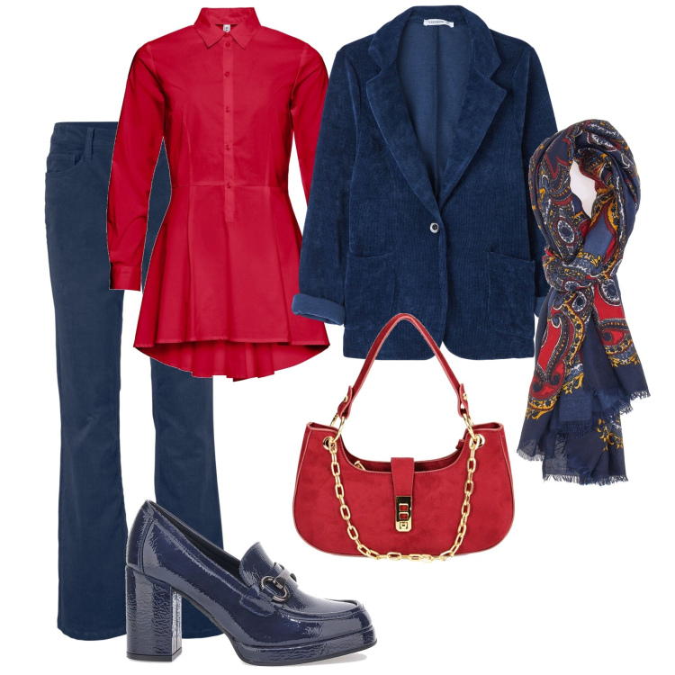 Outfit donna - In ufficio e poi a cena. Stile Glamour per Ufficio. Abbinamento con pantaloni, camicie, cappotti, borse a spalla, mocassini, sciarpe.