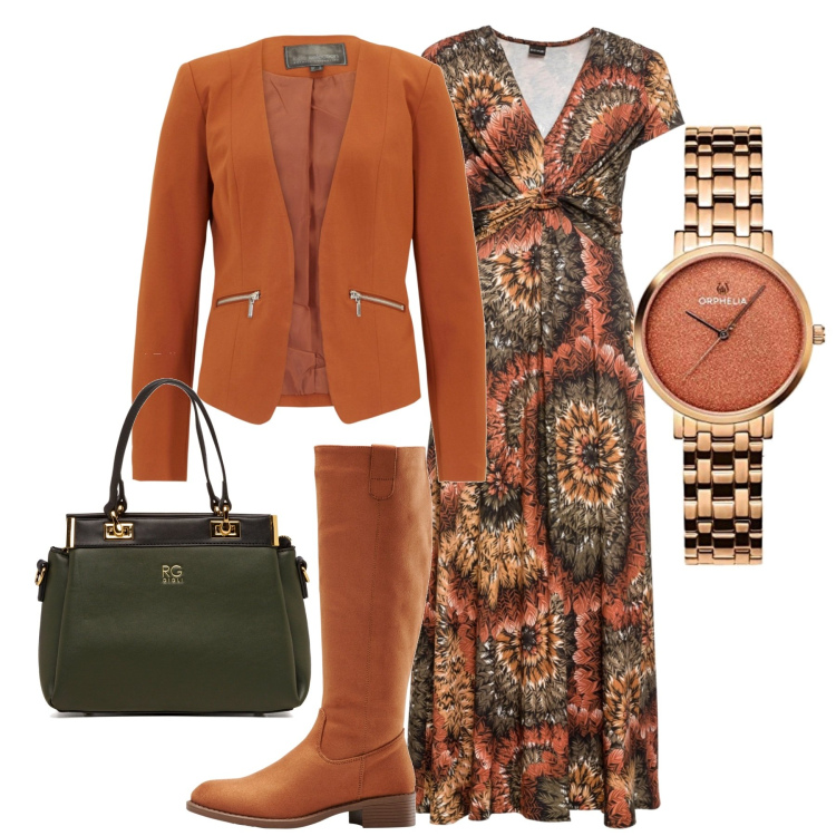 Outfit donna - Cognac. Stile Casual chic per Tutti i giorni. Abbinamento con vestiti lunghi, stivali, blazer, borse a spalla, orologi analogici.