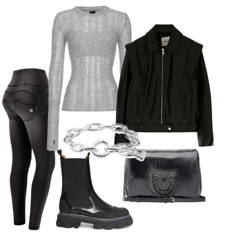 Outfit donna - Gennaio. Stile Casual chic per Tutti i giorni. Abbinamento con maglieria, borse a tracolla, jeans strappati, blazer, stivaletti chelsea, braccialetti.