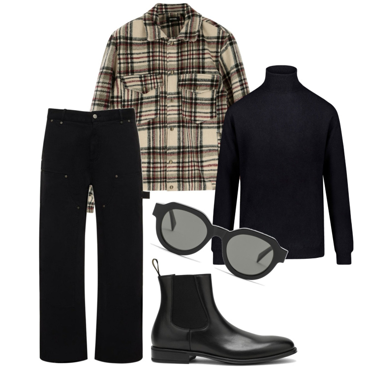 Outfit uomo - Gennaio. Stile Trendy per Tutti i giorni. Abbinamento con giacche, maglieria, stivali, pantaloni cargo, occhiali da sole.