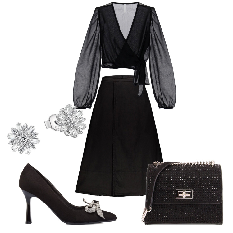 Outfit donna - Nero chic. Stile Chic per Serata fuori. Abbinamento con maglieria, borse a tracolla, décolleté, gonne lunghe, orecchini.