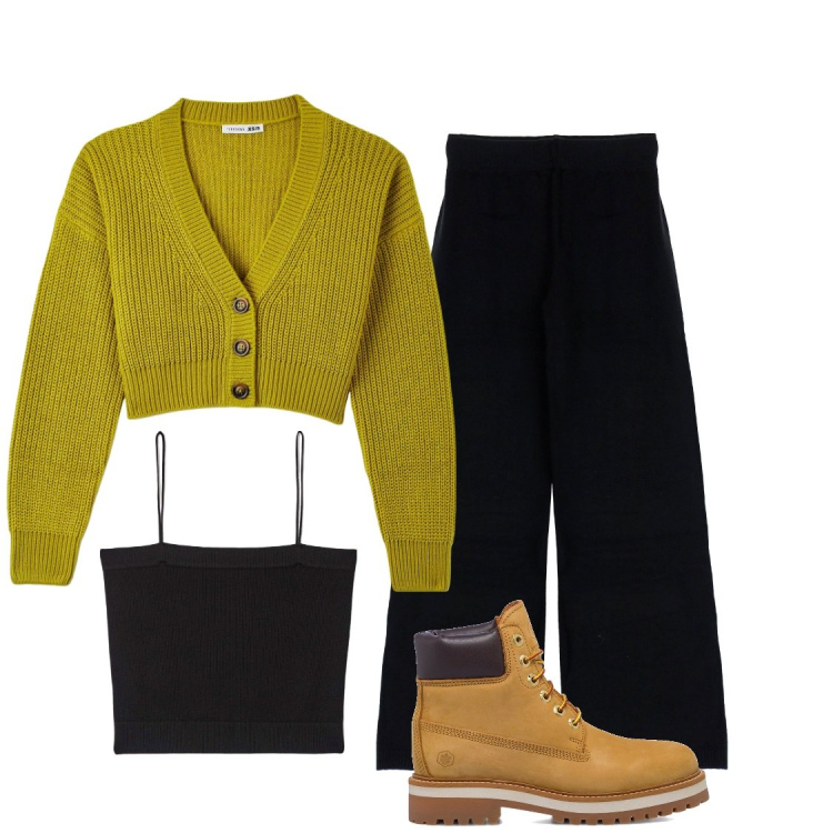 Outfit donna - Total look #1793712. Stile Casual per Scuola/Università. Abbinamento con canottiere, cardigans, pantaloni a palazzo, stivaletti.