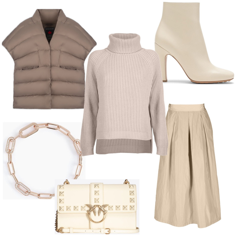 Outfit donna - Beige. Stile Trendy per Tutti i giorni. Abbinamento con braccialetti, borse a tracolla, cappe, gonne, stivaletti, maglieria.